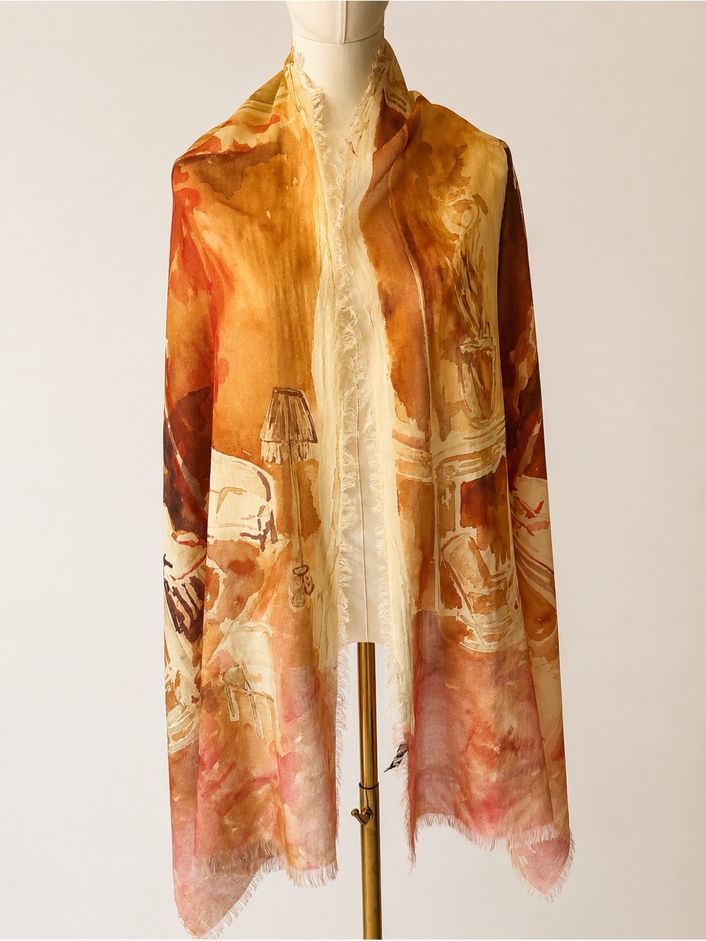 Piazza Sempione Italy 24x76 Fringed Watercolor Art Shawl Scarf Wrap Oversized